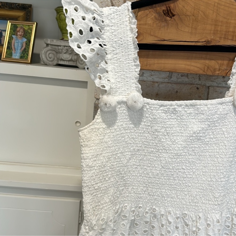 ANTHROPOLOGIE + FIGUE Madi Smocked Embroidered Eyelet Lace Maxi Dress w PomPoms - Picture 14 of 16
